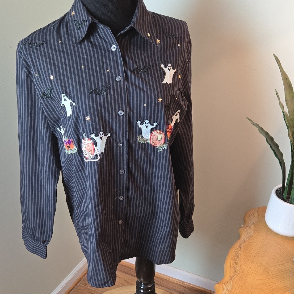 Halloween Ghost Striped Black Button-Up Shirt